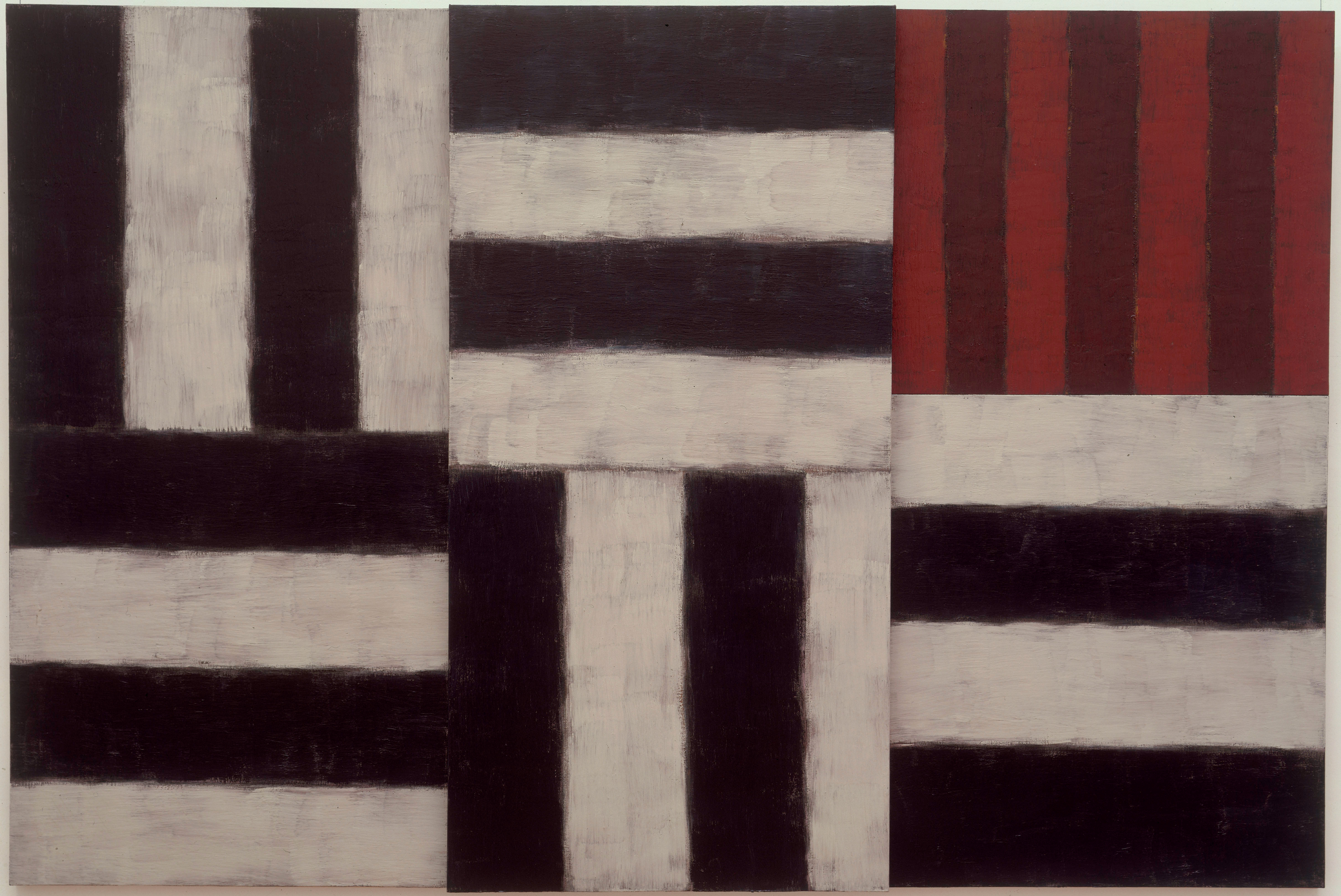 The picture is a rectangle in landscape format and is divided into six square fields. Five of these fields show alternating black and white stripes, which run either vertically or horizontally depending on the square. The squares partially overlap, giving the arrangement a slightly restless appearance. A reddish color shines through the stripes. The square at the top right is striking: it is more clearly structured and shows seven vertical stripes in red and dark red. Overall, the composition is reminiscent of a flag that has been cut up and reassembled.