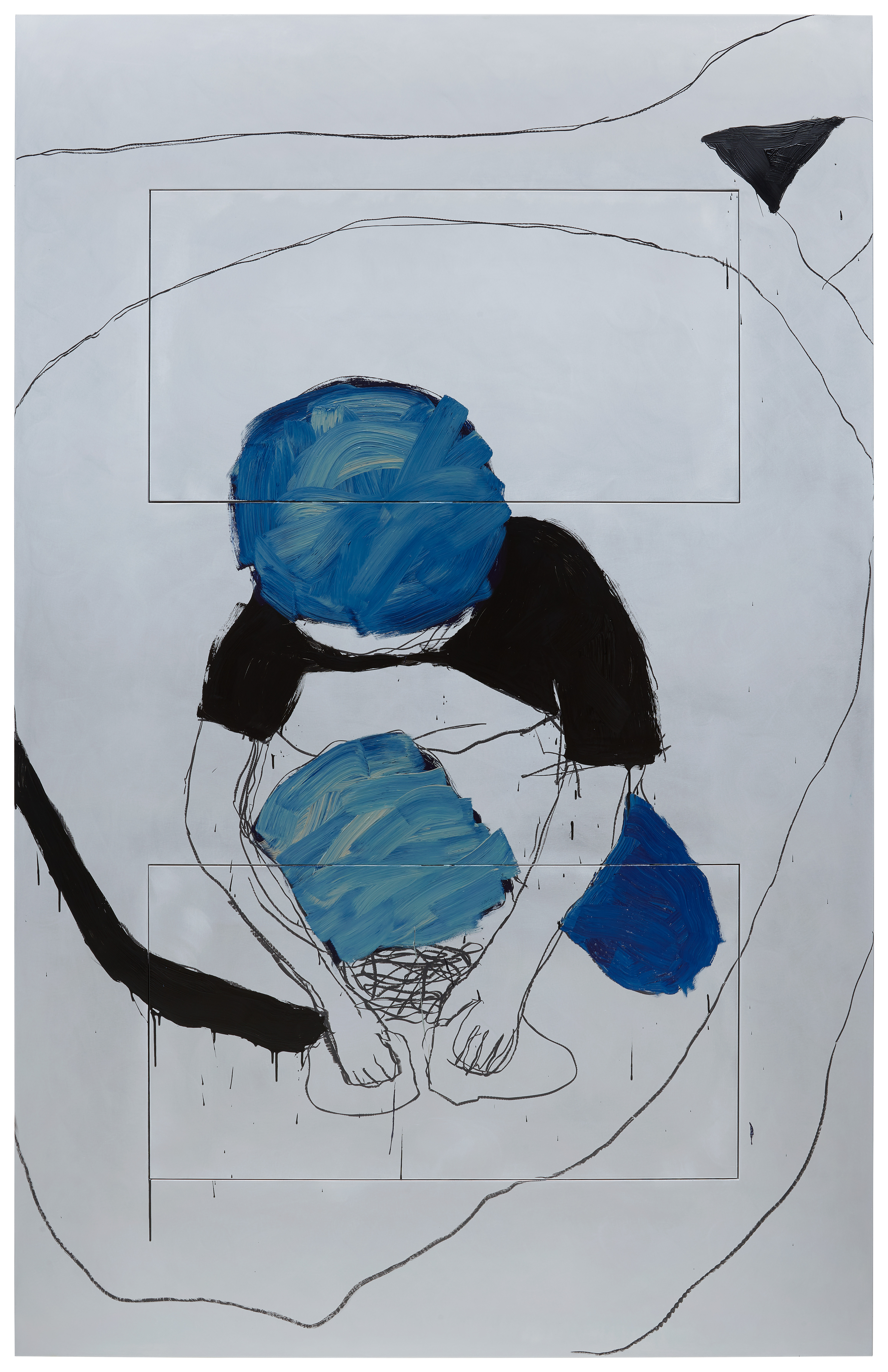 The picture is in portrait format, with a white background. At the top and bottom, horizontal rectangles are cut in to structure the pictorial space. In the middle of the picture is a squatting child, according to the title a boy whose face is not recognizable as his head is tilted downwards as if he is looking at something on the floor. The child is wearing a black shirt and has blue hair. The skin is only indicated by a black outline. Fine lines surround the figure, creating a gentle, almost dreamy impression.
