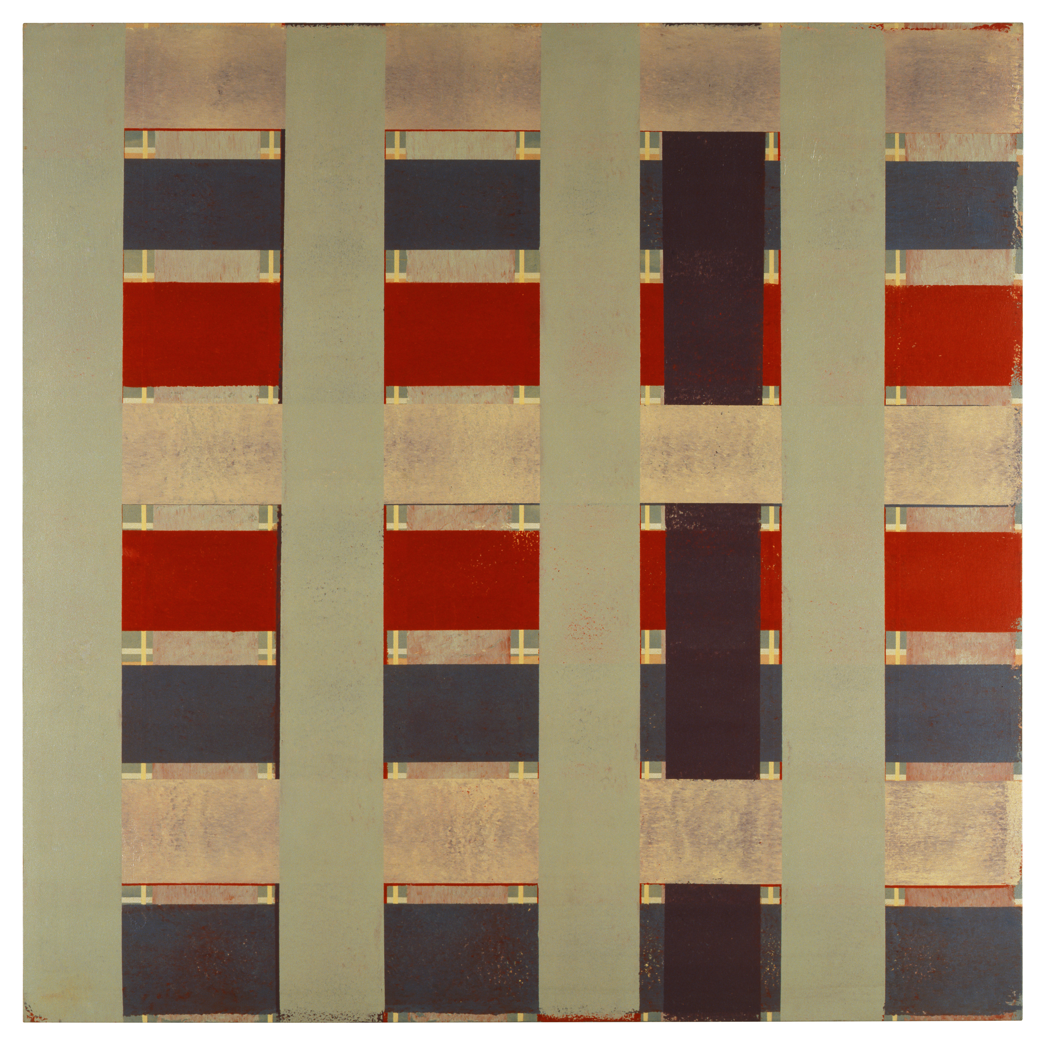 The painting shows a static composition of strong yet not glaring red- blue- and beigetones. The colors appear in thick stripes whcih are laid over and under each other like ribbons – almost like a woven pattern.