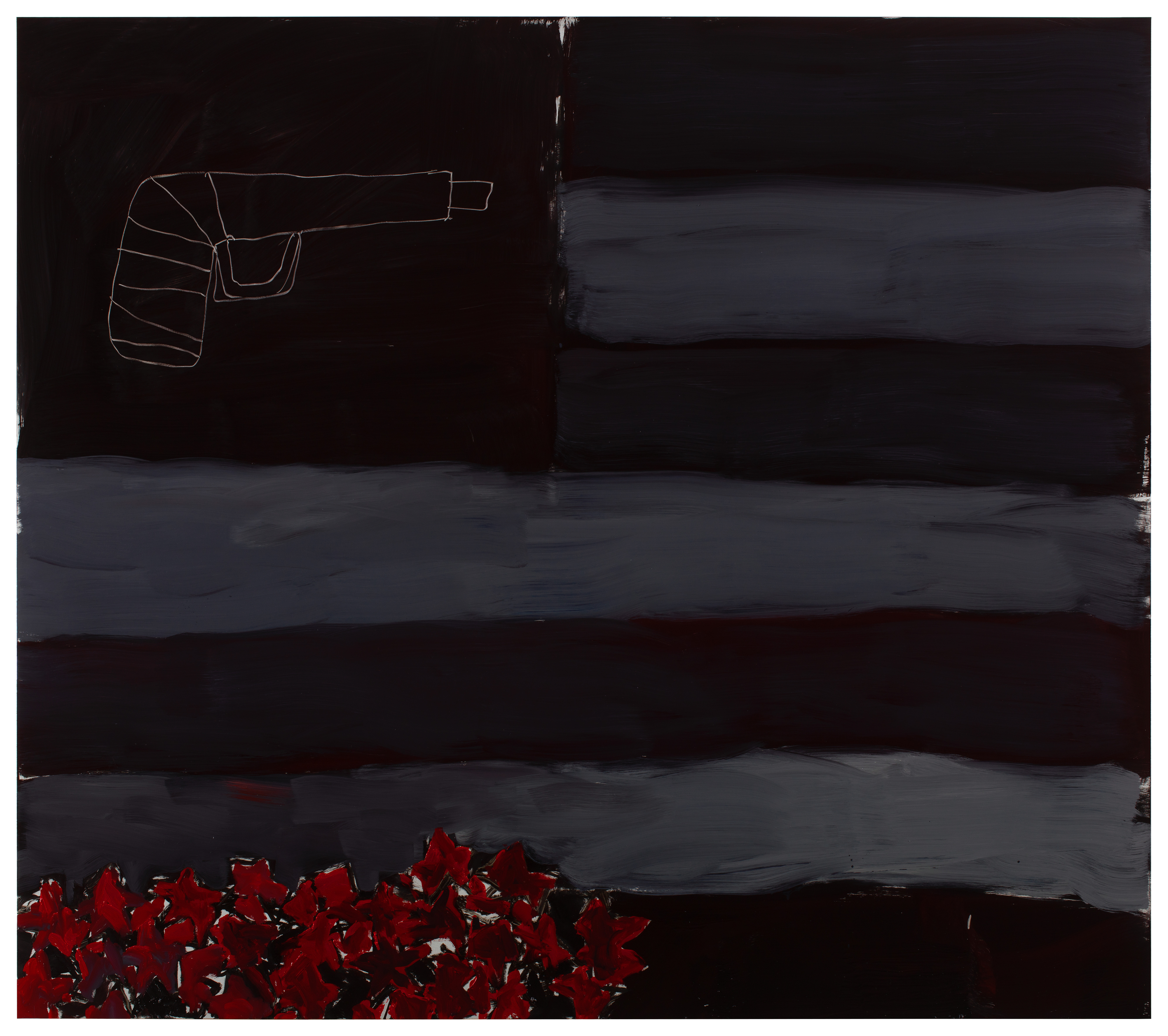 The image is reminiscent of a stylized version of the American flag, but without the typical colors blue, red and white. Instead, black and very dark shades of gray and white dominate the stripes. Instead of the stars, a gun is outlined in white in the top left-hand corner, which is a clear departure from the classic symbol. In the bottom left-hand corner are irregularly arranged red stars, which create a restless, almost threatening impression and a destabilizing effect.