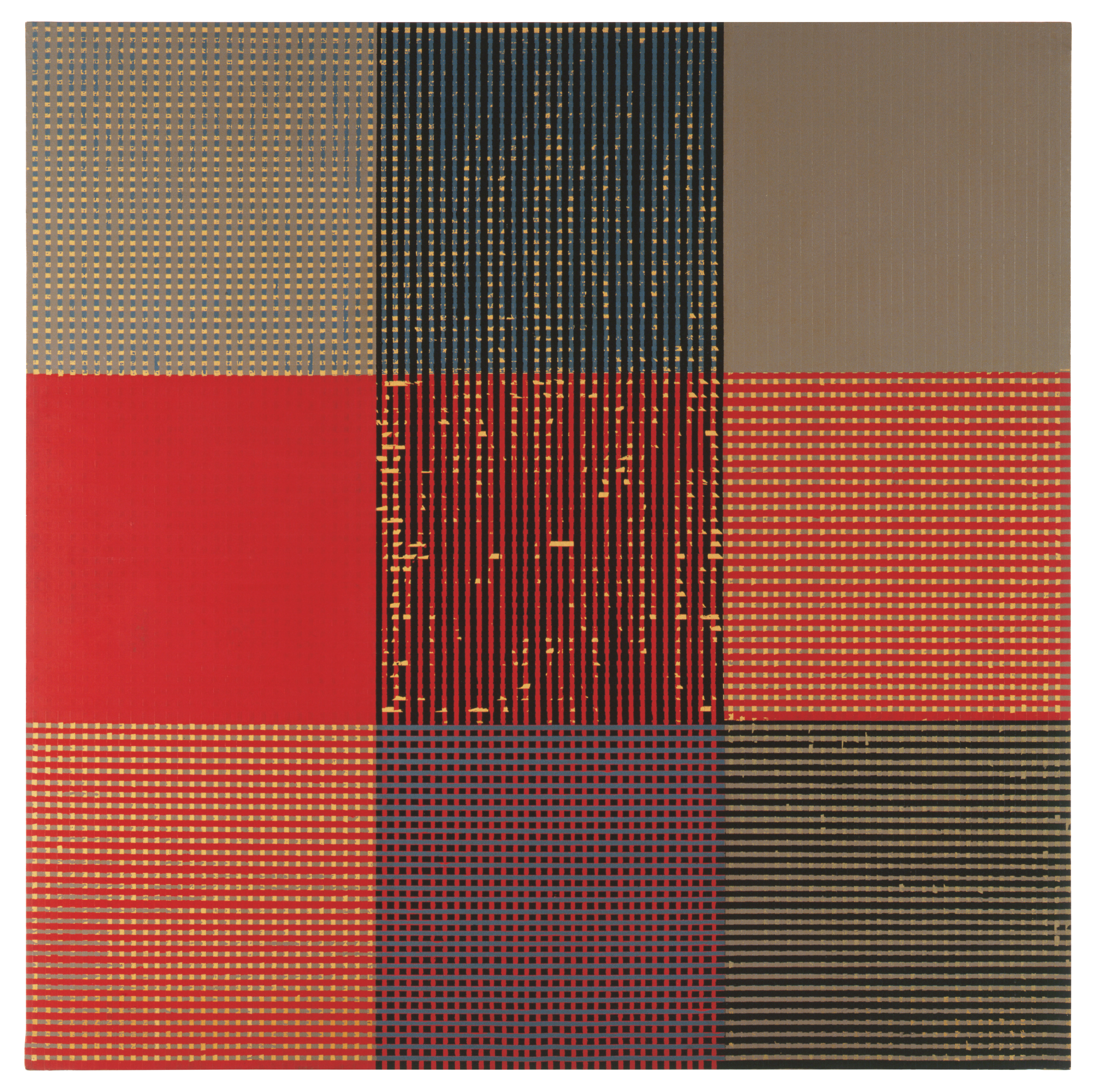 The painting is square-shaped and divided into nine squares of the equal size – like a grid of three rows and three columns. Within these areas, there are overlapping stripes in the colors red, blue and green. The edges of the stripes are clearly limited as they were masked with yellow tape, which remains partially visible and contrasts with the darker colors.