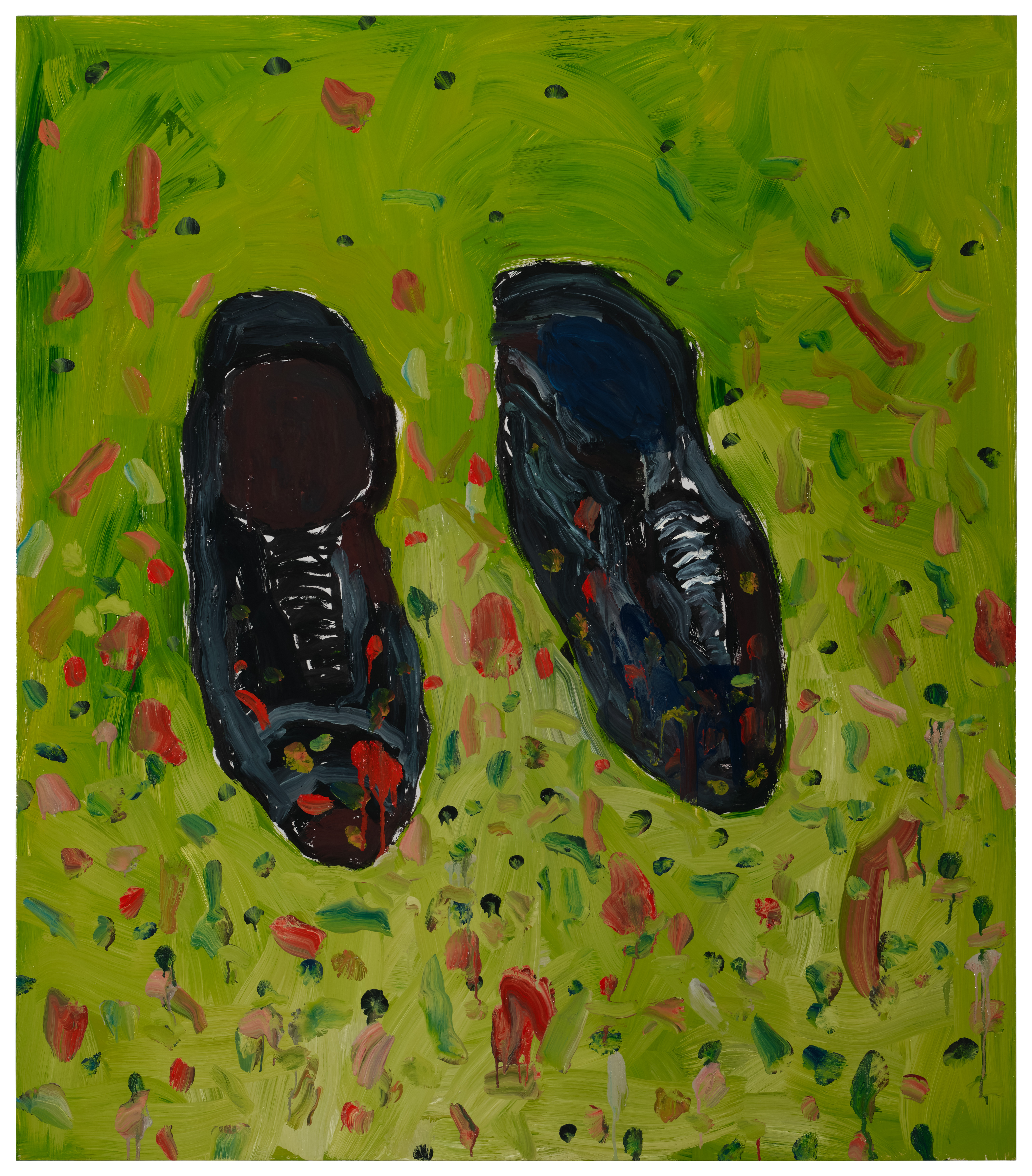 The picture shows black shoes standing on a green background, presumably grass. The ground is covered with red and dark green dots, reminiscent of flowers in a meadow. The depiction is both figurative and abstract. 