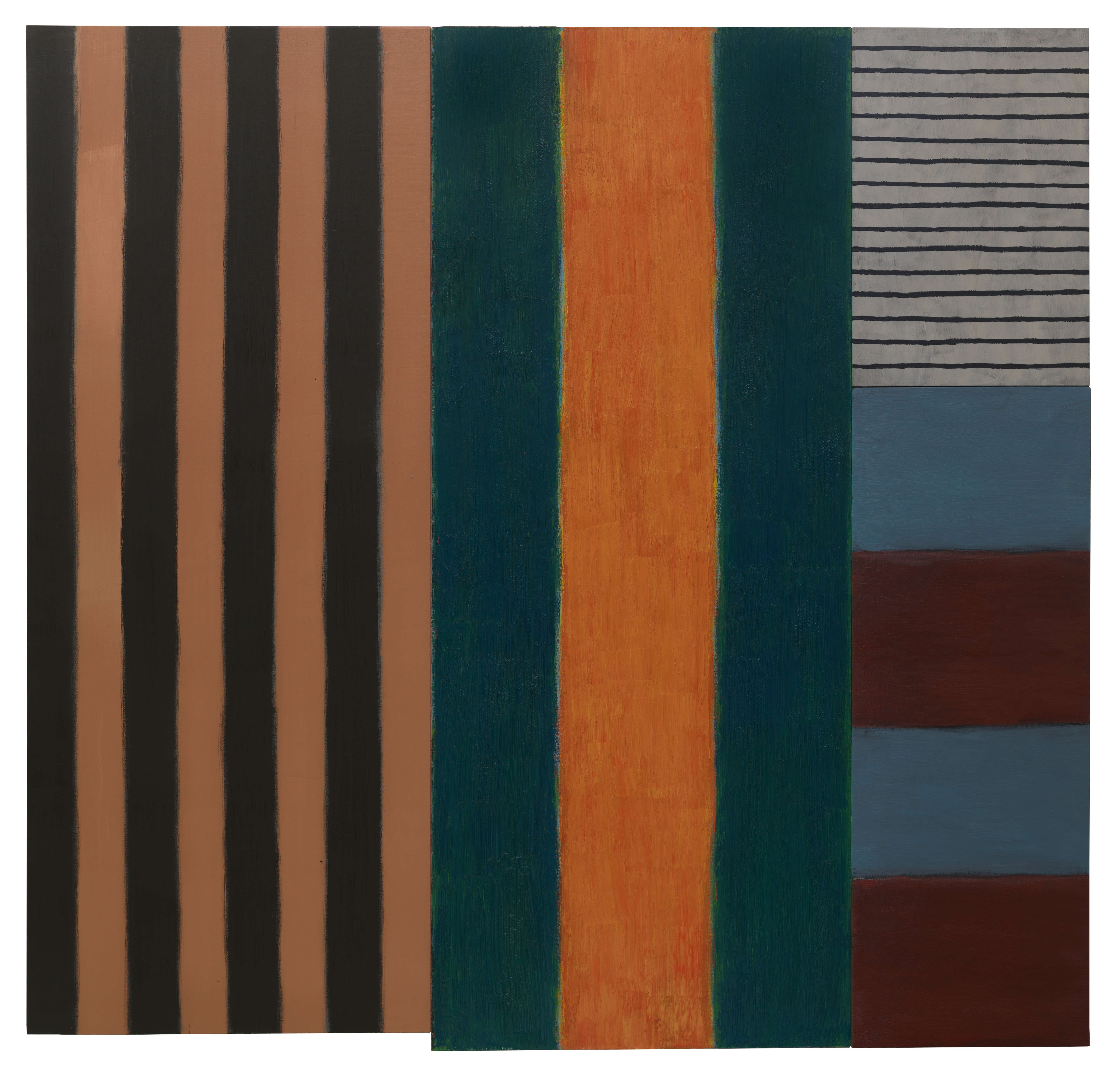 The painting appears tob e divided into three vertical columns, each showing differently designed color areas. On the left, eight medium-width vertical stripes alternate in apricot and dark blue. In the middle column, there are three stripes twice as wide in saturated tones: a dark blue-green, a strong orange and another blue-green. At the top right, fine black lines run across a rough-looking white background, followed by four wide horizontal stripes in deep red and matt blue.