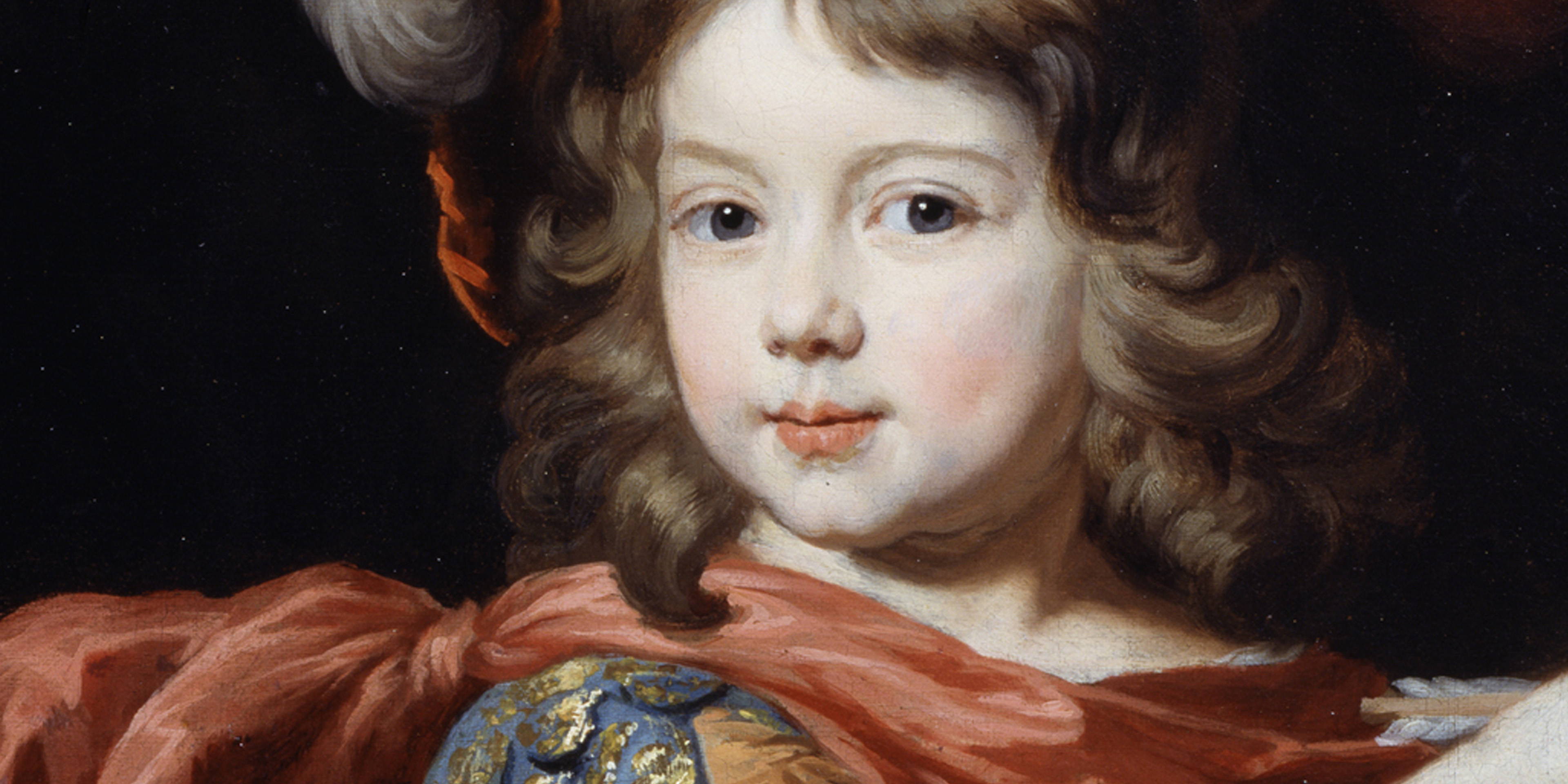 Auf diesem Gemälde ist ein Junge dargestellt, das in opulenter, farbenfroher Kleidung des Barock gekleidet ist. 