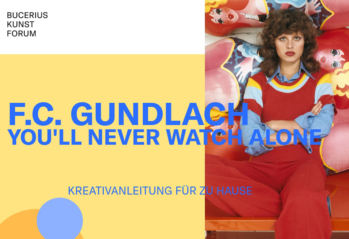 Das Bild zeigt ein Foto von Uschi Obermaier und es gibt die Beschriftung F.C. Gundlach. You'll Never Watch Alone und Kreativanleitung für Zuhause.