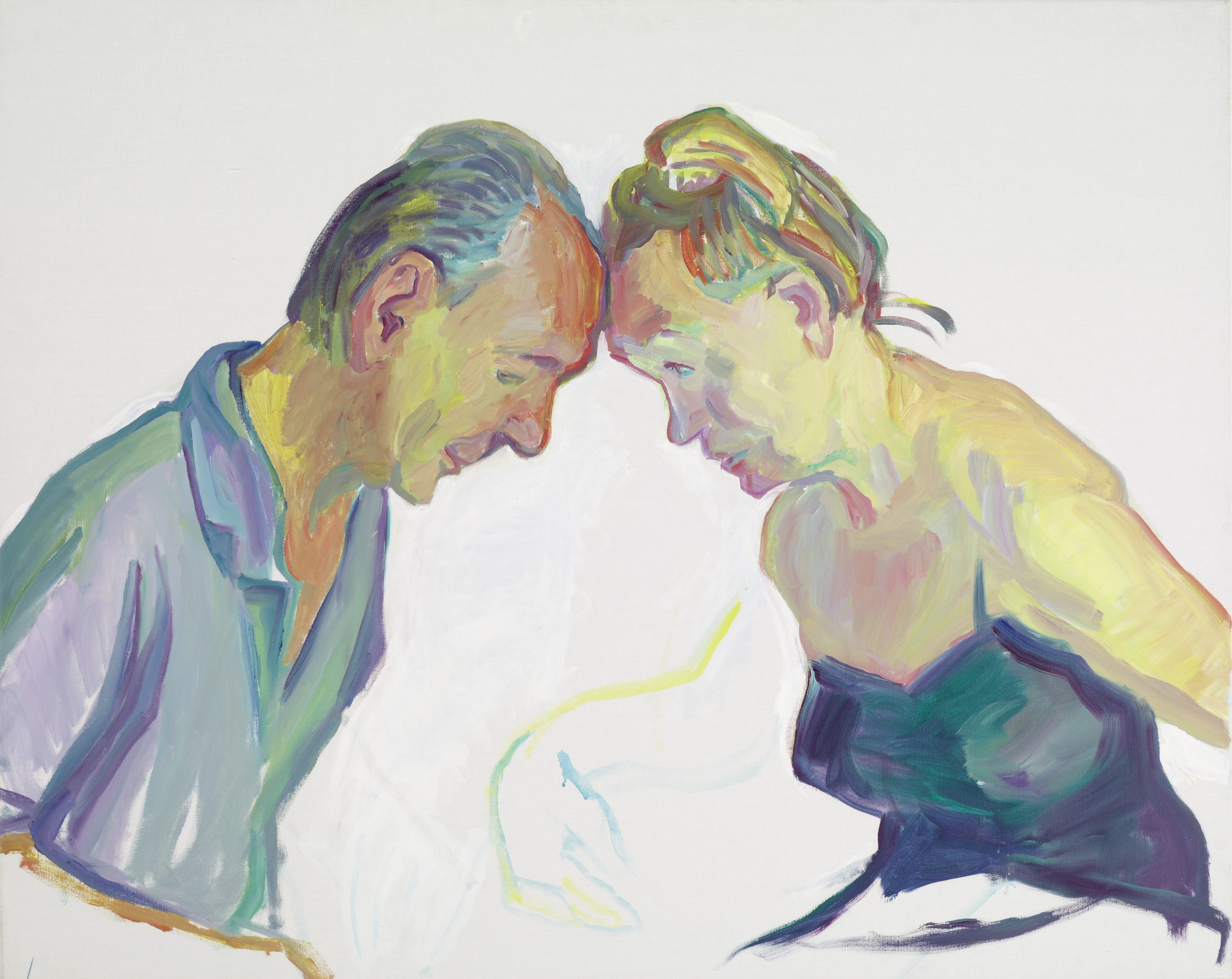 Das Werk von Maria Lassnig zeigt ein Ehepaar, das sich Kopf an Kopf gegenübersteht.