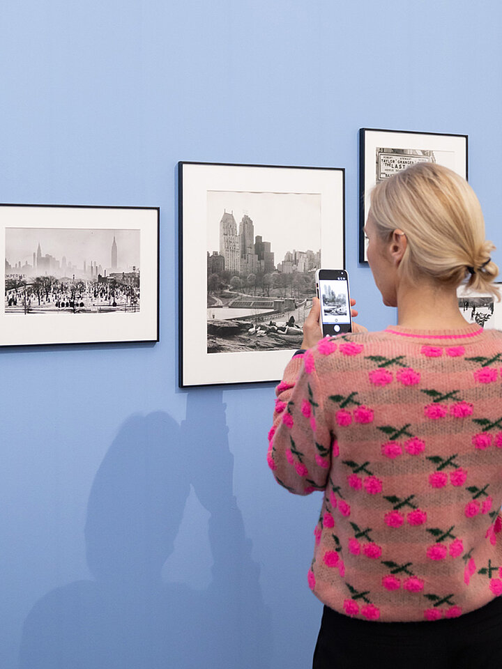 Auf dem Bild ist eine Person im Ausstellungraum zu sehen. Sie schaut sich Fotografie an.